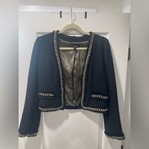 Forever 21 Black Tweed Blazer with Gold Chain Detail